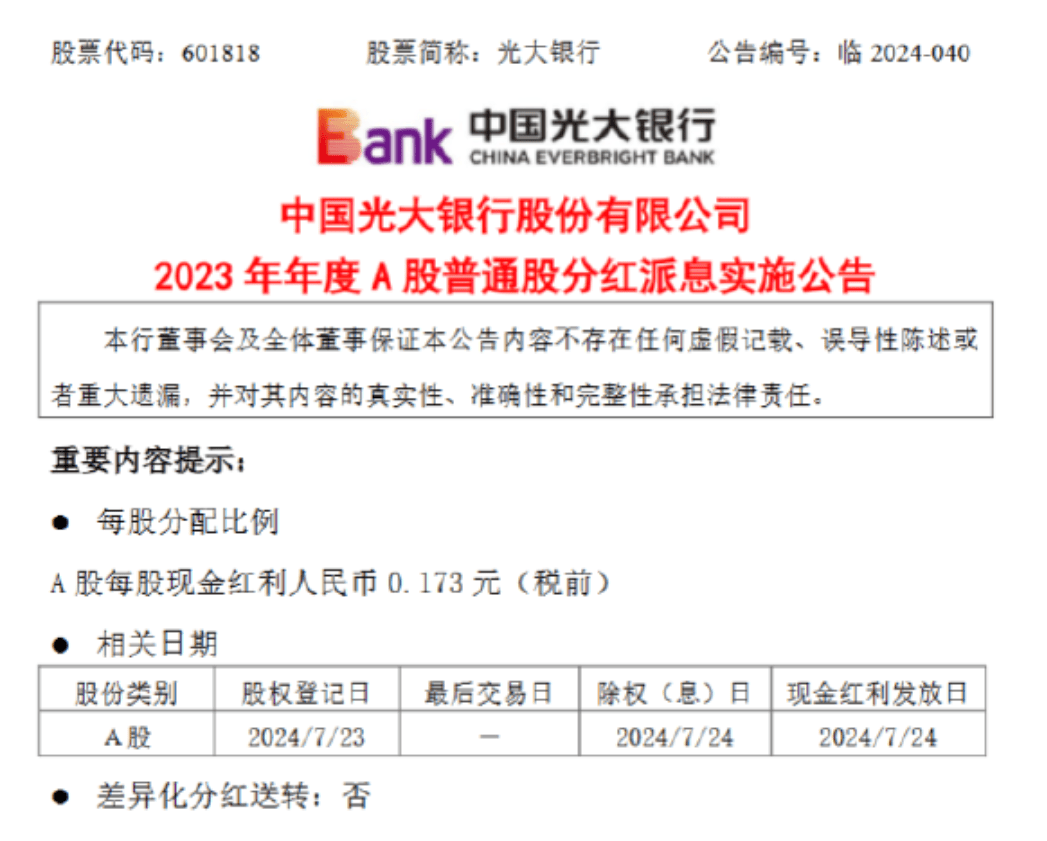 光大银行：7月24日派发A股每股现金红利人民币0.173元，共计派发102.22亿元