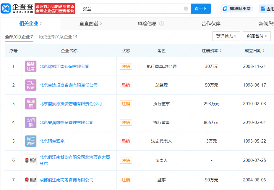 抖音集团副总裁李亮回应封禁张兰、汪小菲账号，张兰7家企业均处于吊销或注销状态