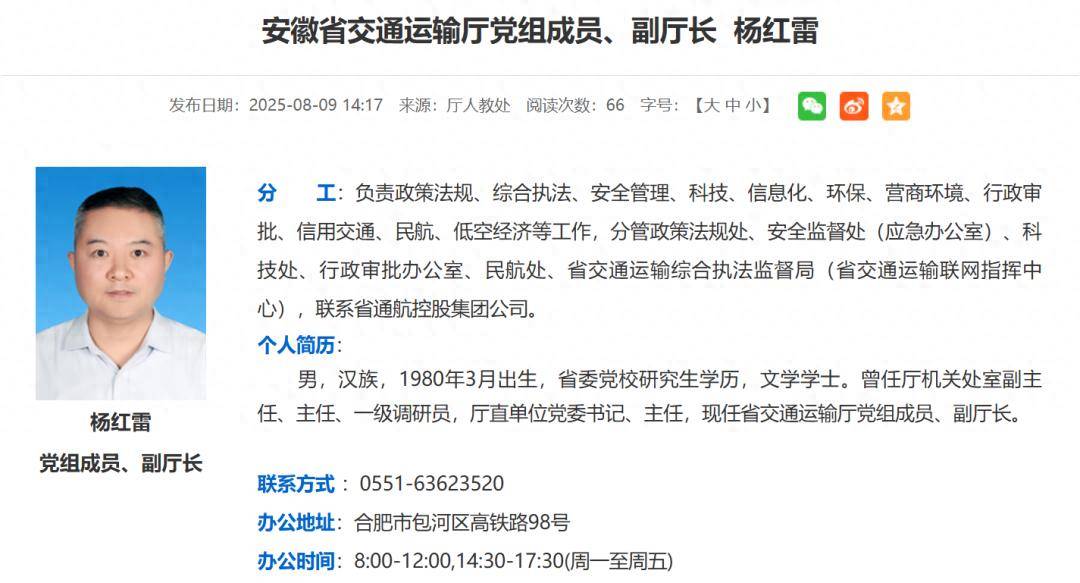 杨红雷任安徽省政府一组成部门领导